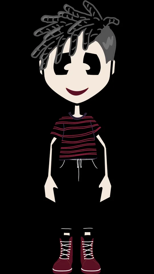 An illustrated Golli Goth styled with dreadlocks, a striped tee and boots