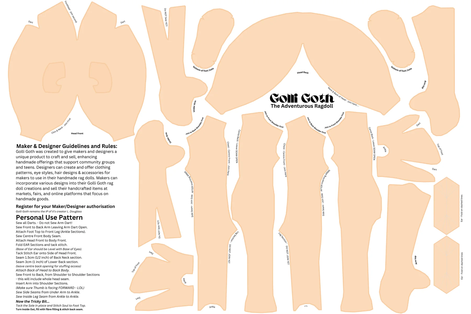 The Golli Goth fat quarter pattern sheet: peach pattern pieces for head, body, arms, feet and ears, with the Maker & Designer Guidelines and assembly notes